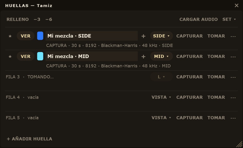 Ventana HUELLAS: cada huella con su fuente (SIDE, MID, L).