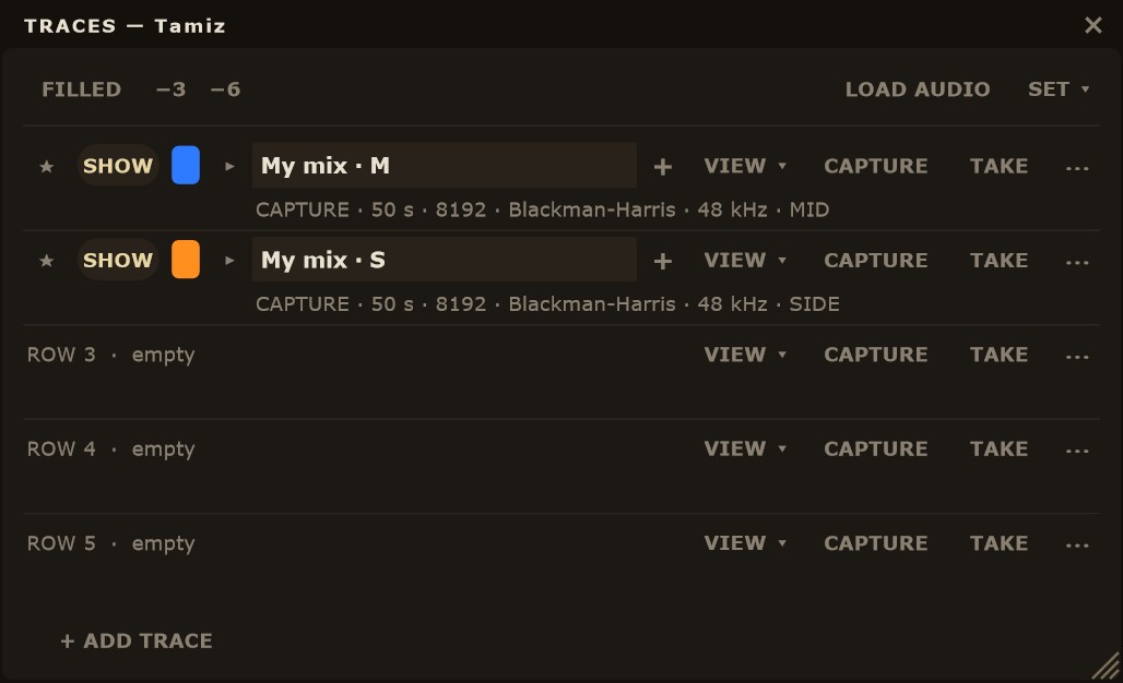 TRACES window with "My mix · M" and "My mix · S", each with its sections.