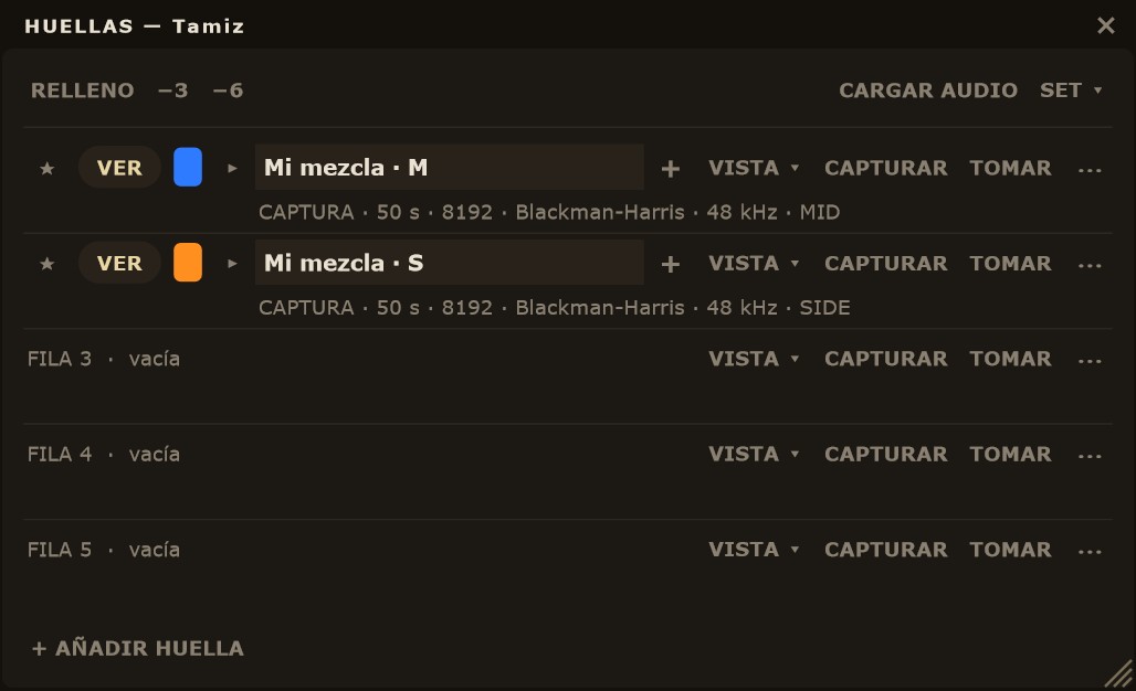 Ventana HUELLAS con «Mi mezcla · M» y «Mi mezcla · S», cada una con sus secciones.