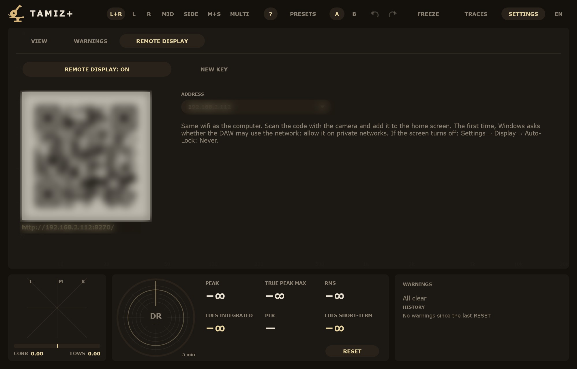 SETTINGS, REMOTE DISPLAY tab, with the QR code (blurred in this image).